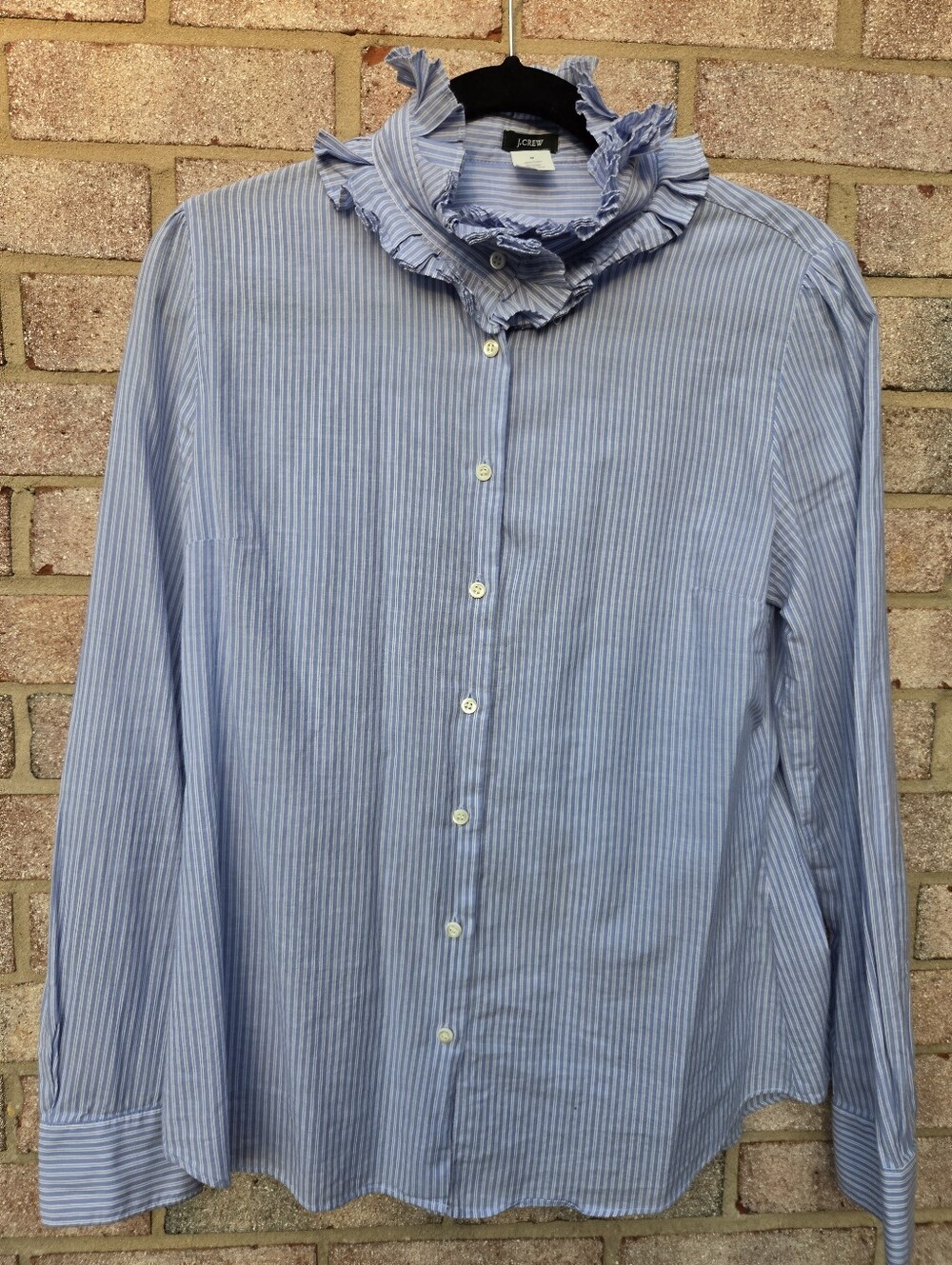 J. Crew Light Blue and White Striped Ruffle-Neck Button Shirt Womans Size M